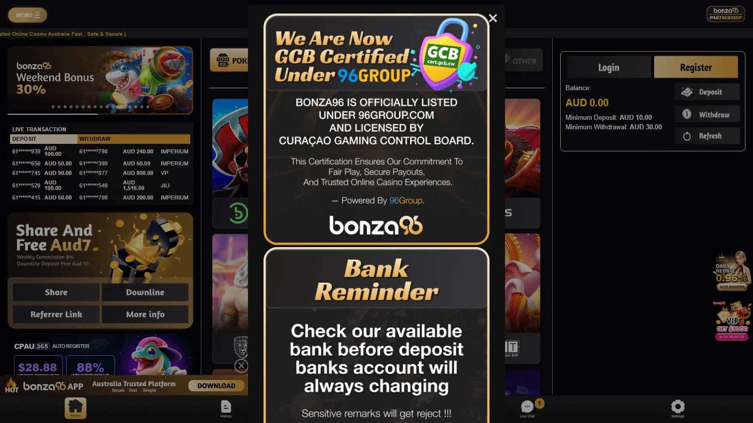 Bonza96 Casino desktop games page