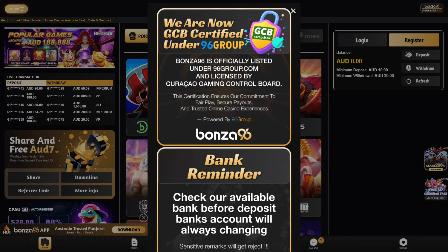 Bonza96 Casino desktop home page